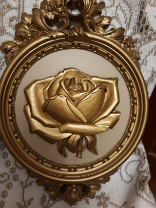 Vintage 3d Wall Plaque Gold Flower Rose Homco Dart Industries 7490 Syroco