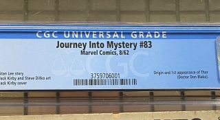 JOURNEY INTO MYSTERY 83 Marvel Comics 1962 CGC 4.  0 THOR 1st Appearance 2