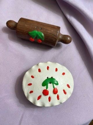 Vintage Cherry Pie And Rolling Pin With Cherries Salt And Pepper Shakers