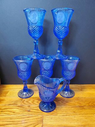 Avon Fostoria Blue Water Wine Goblets George & Martha Washington & Pitcher