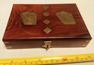 Vintage Wood Box With Brass Inlay For Playing Cards Dice