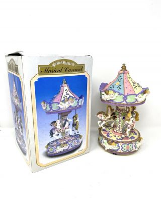 Vintage Poly 10 " Musical Carousel Porcelain Merry - Go - Round Horses Music W/ Box