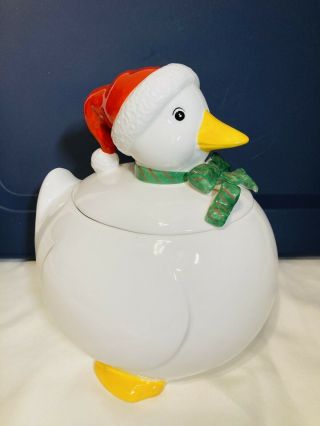 Vintage Fitz And Floyd Christmas Cookie Jar Duck With Santa Hat Ceramic Japan