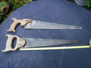 2 Vintage Hand Saws With Wooden Handles - One Double Edged Blade