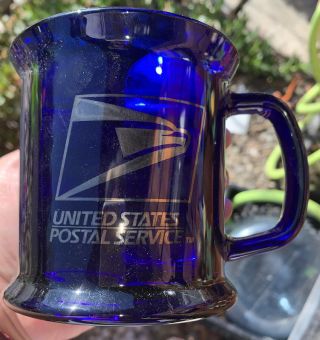 Rare Vintage United States Post Office Usps Deep Blue Glass Coffee Mug Cup
