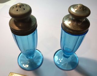 Set Of Vintage Antique Aqua Blue Glass Salt And Pepper Shakers