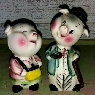 Vintage Cute Anthropomorphic Pigs Salt And Pepper Shakers Japan
