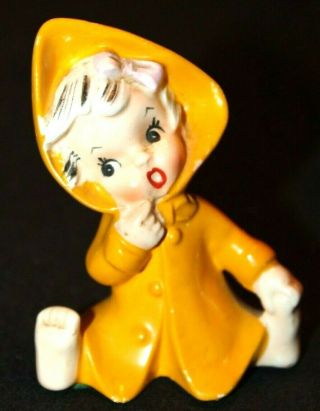 Vintage Enesco Japan Girl In Yellow Hooded Jacket Ceramic Porcelain Figurine