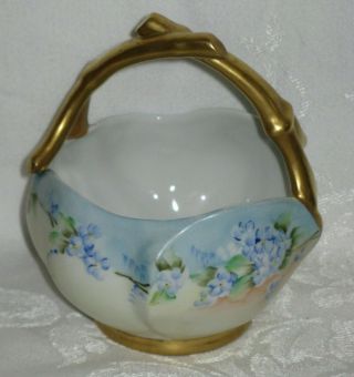 Vintage Porcelain Basket Bowl With Handle Hand Painted Blue Flowers Unsigned