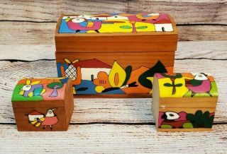 Vintage Set Of 3 Wooden Hand Carved Painted Trinket Jewelry Nesting Boxes