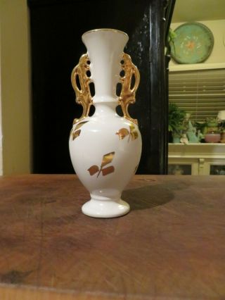 Vintage Ceramic White Bud Vase With Gold Handles And A Gold Leaf Design