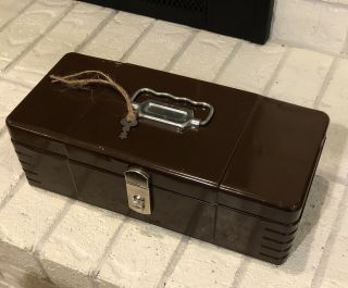 Vintage Tool / Tackle Box / Utility Metal Chest Brown Retro Decor Locks W/ Key