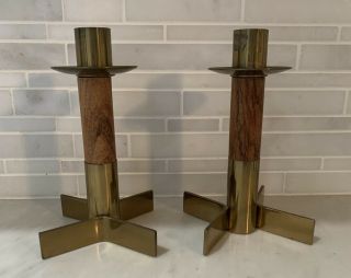 Set Of 2 Vintage Mid Century Modern Taper Candlestick Holders.  Mcm Wood & Metal
