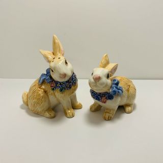 Vintage Fitz And Floyd Brown Flora Bunny Rabbit Salt And Pepper 1993 Blue Bows