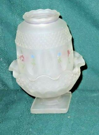 Vintage Frosted Glass Pink Floral Fairy Lamp Tea Light Candle Holder 6 1/2 " Tall
