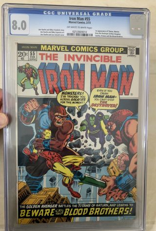 Iron Man 55 Cgc 8.  0 Ow To White Pages,  1st App Of Thanos Bronze Key Marvel
