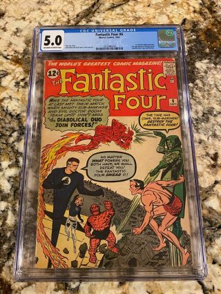Fantastic Four 6 Cgc 5.  0 Ow - Whi Pages 2nd Dr Doom Sub - Mariner 1st Villain Team