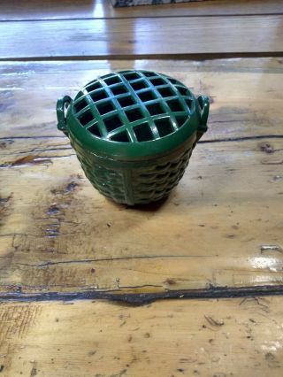Vintage Dept 56 Flower Frog / Vase Cast Metal 3 " Basket Weave Green Enamel U7