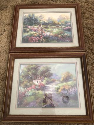 Vtg Home Interiors Set Of 2 Woman In Flower Garden And Cottage Pictures
