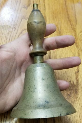 Antique Vtg Hand Held School Teacher’s Bell Brass Wood Large 6/34”