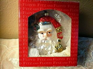 Vtg Fitz And Floyd Classics Santa Head Glass Christmas Ornament W/original Box
