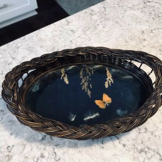 Antique Wicker & Wood Oval Serving Tray Basket Flowers Bird Butterflies Blue