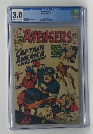Avengers 4 Marvel 1964 Cgc 3.  0 Captain America 1st Silver Age Appearance