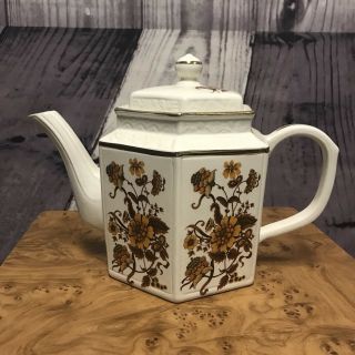 Arthur Wood 5869 Brown Floral White With Gold Trim Teapot England Vintage