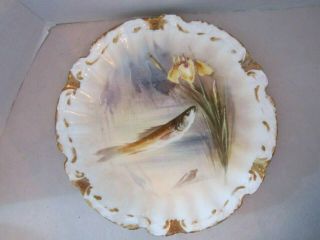 Vintage Limoges France Fish Plate.  Hand Painted Porcelain.  Flowers Gold Gilded