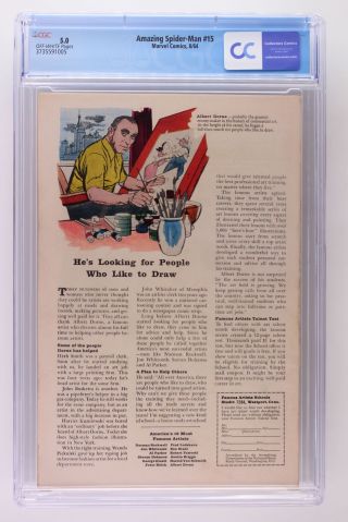 Spider - Man 15 - Marvel 1964 - CGC 5.  0 - 1st App Kraven the Hunter 2