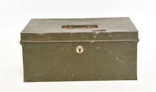 Vintage Industrial Army Green Metal Cash Box W/ Key Wear Patina Home Decor