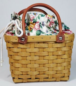 Longaberger 2002 Small Boardwalk Basket - Purse,  Bag W/ Print Drawstring Liner