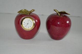 Red Alabaster Stone Apple Clock And Paper Weight With Gold Leaves Set Of 2