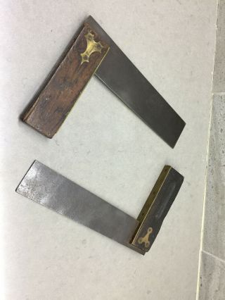 2 Antique Carpenter Squares.  Wood,  Brass,  Steel.  9 " One With Initials.