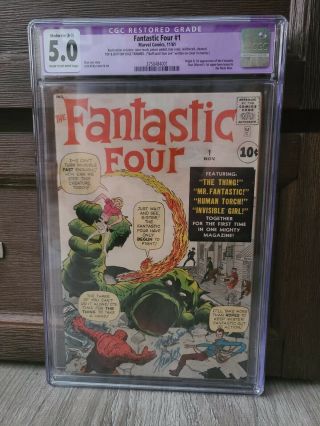 Fantastic Four 1 (marvel,  11/61) Cgc Restored 5.  0 C/ow Pages Signed By Stan Lee