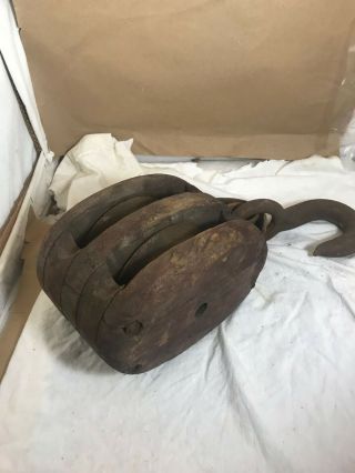 Old Boston & Lockport Double Wood Block And Tackle Pulley Boat,  Ship,  Maritime