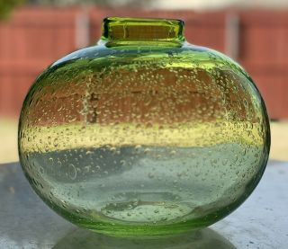 Art Glass Hand Blown Bubble Sphere Globe Vase Clear Green 7”