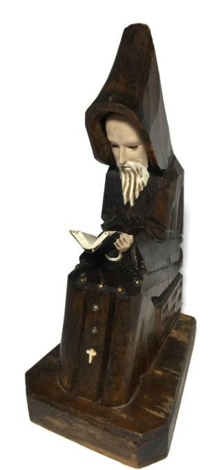 Vintage Monk Friar 8 " Figure Bookend Hand Carved Wood Priest Rosary Gothic Bible
