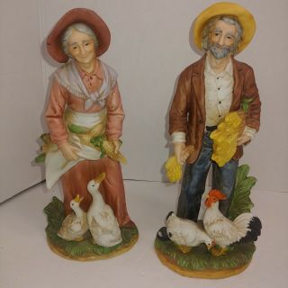 Homco 1477 Ceramic Figurines Old Man Woman,  Chickens & Geese