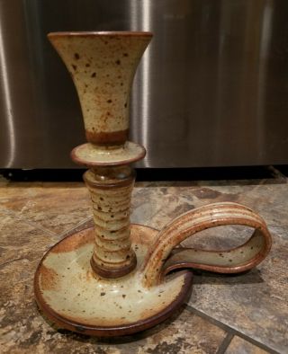Ceramic Candlestick Hand Crafted Artist Signed Bill Tyner Handle Earthware