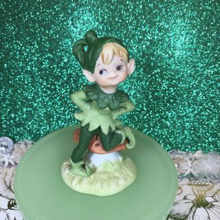 Vtg Lefton St Patricks Day Pixie Elf Boy Sitting On Brown Mushroom Figurine