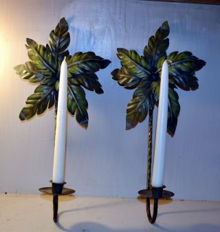 Set Of 2 Palm Tree Metal Wall Sconces Candle Holders 17 " Home Decor.