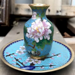 Vintage Chinese Enamel Cloisonne Vase W/ Floral Design And Plate