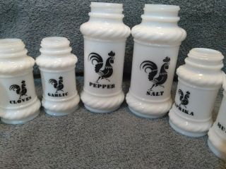 White Milk Glass Salt Pepper Seasoning Shakers Black Rooster 3