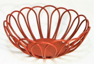 Bowl Basket Metal Red Orange Scroll Wire Display Mid Century Danish Modern Style
