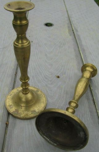 Heavy Antique Early Brass Push Up Candlesticks 11 1/2 " Tall - 18 Th.  - 19 Th.  C.