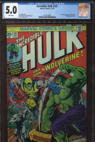 Marvel Comics Incredible Hulk 181 Cgc 5.  0 White Pages 1st Wolverine