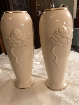 Two Lenox Rose Blossom Vases 7 1/2 " Tall Cream With Gold Trim