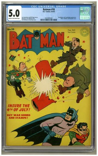 Batman 18 (cgc 5.  0) C - O/w P; Hitler,  Hirohito,  And Mussolini Cover; 1943 (j 3101