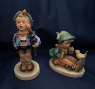 2 Goebel Hummel Figurines Boy With Pig Piglet & Boy With Bird No Res.  Starts.  99